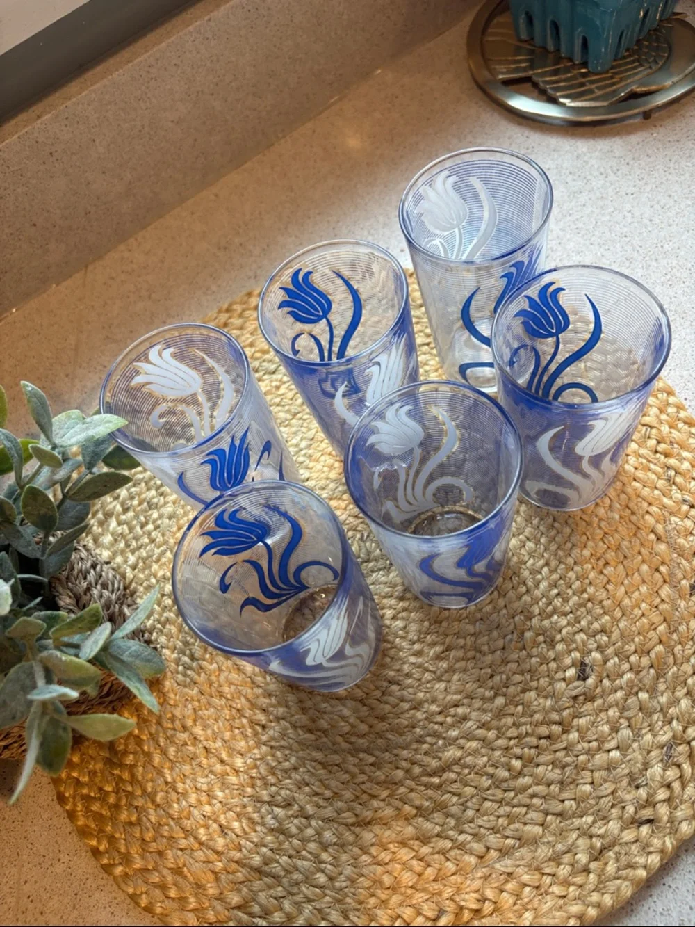 (6) Vintage MCM Blue and White Tulip Glasses - 8 oz.